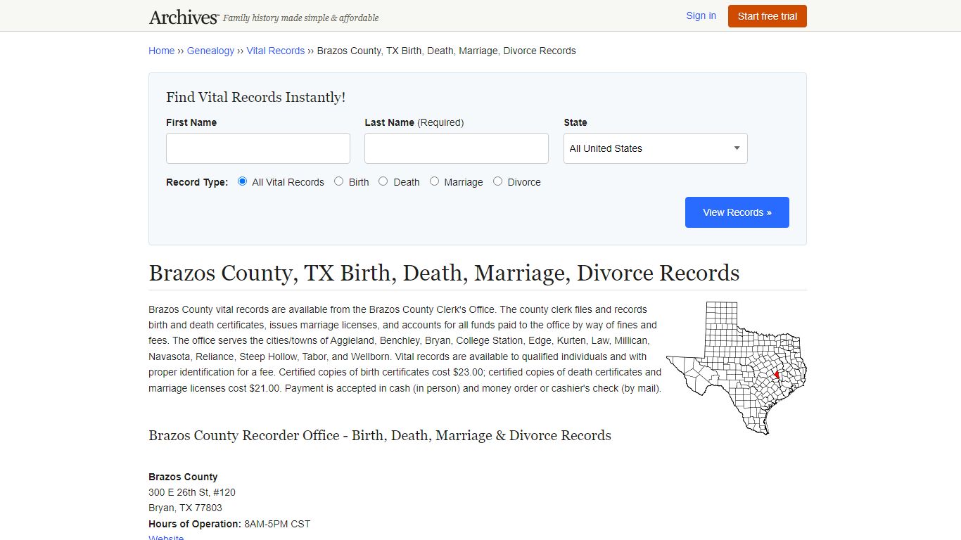 Brazos County, TX Birth, Death, Marriage, Divorce Records